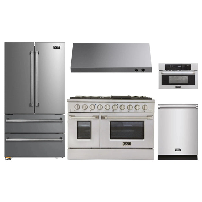 Kucht 5-Piece Appliance Package - 48-Inch Natural Gas Range with 6.7 Cu. Ft. Oven, 36-Inch Refrigerator, Dishwasher, Microwave Wall Oven & Under Cabinet Range Hood in Stainless Steel