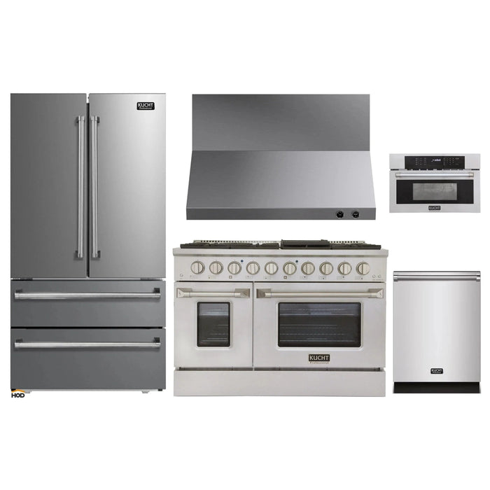 Kucht 5-Piece Appliance Package - 48-Inch Natural Gas Range with 6.7 Cu. Ft. Oven, 36-Inch Refrigerator, Dishwasher, Wall Mount Range Hood, & Microwave Wall Oven in Stainless Steel