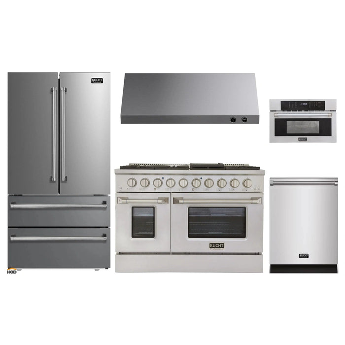 Kucht 5-Piece Appliance Package - 48-Inch Propane Gas Range with 6.7 Cu. Ft. Oven, 36-Inch Refrigerator, Dishwasher, Microwave Wall Oven & Under Cabinet Range Hood in Stainless Steel