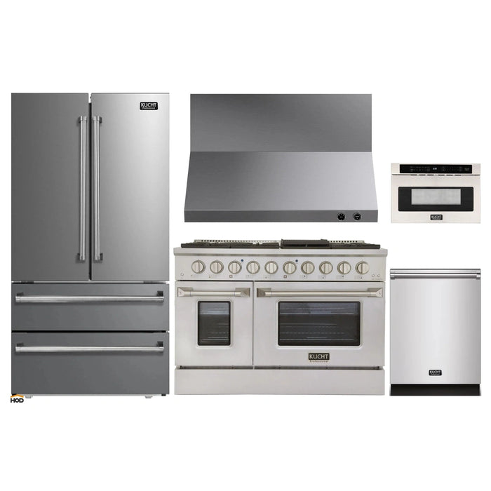 Kucht 5-Piece Appliance Package - 48-Inch Propane Gas Range with 6.7 Cu. Ft. Oven, 36-Inch Refrigerator, Dishwasher, Wall Mount Range Hood & Microwave Drawer in Stainless Steel