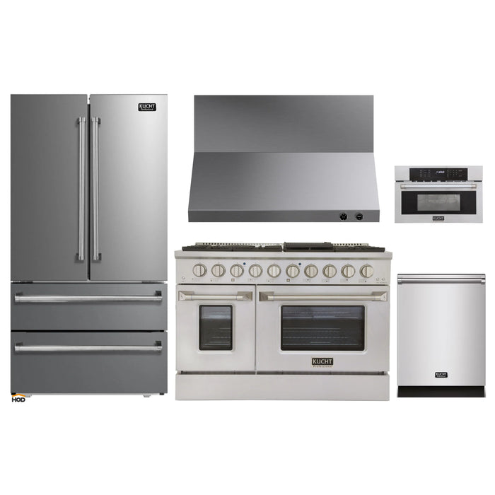 Kucht 5-Piece Appliance Package - 48-Inch Propane Gas Range with 6.7 Cu. Ft. Oven, 36-Inch Refrigerator, Dishwasher, Wall Mount Range Hood, & Microwave Wall Oven in Stainless Steel