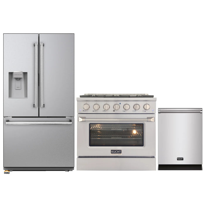 Kucht 3-Piece Appliance Package - 36-Inch Natural Gas Range with 5.2 Cu. Ft. Oven, 36-Inch Refrigerator with Water Dispenser, & Dishwasher in Stainless Steel