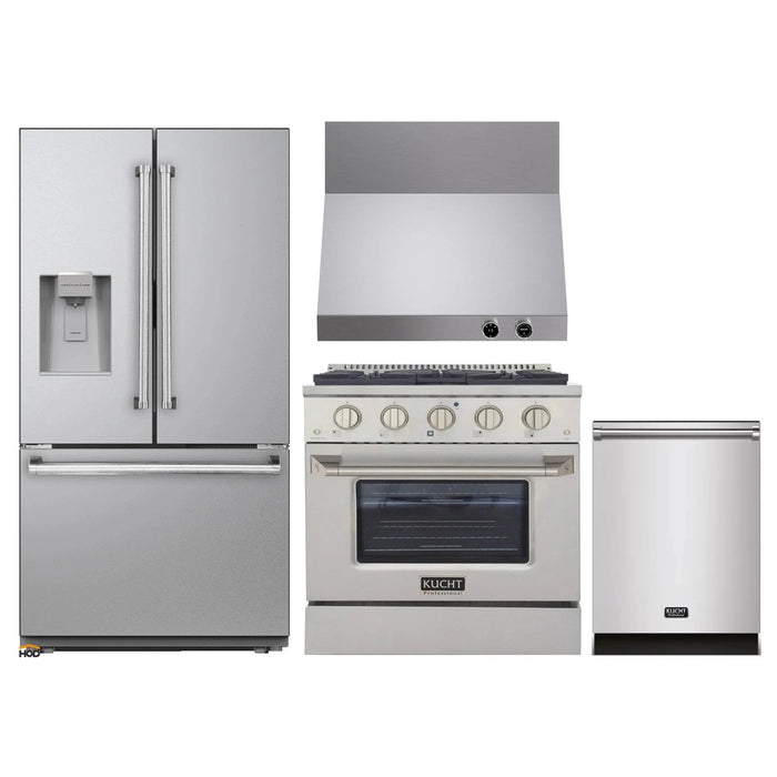 Kucht 4-Piece Appliance Package - 30-Inch Dual Fuel Range in Natural Gas, 36-Inch Refrigerator with Water Dispenser, Dishwasher & Wall Mount Range Hood in Stainless Steel