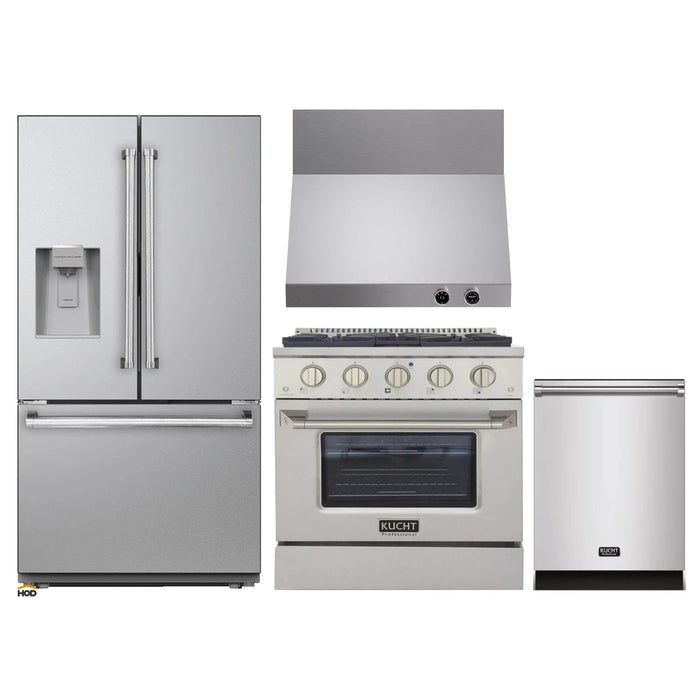 Kucht 4-Piece Appliance Package - 30-Inch Dual Fuel Range in Propane Gas, 36-Inch Refrigerator with Water Dispenser, Dishwasher & Wall Mount Range Hood in Stainless Steel
