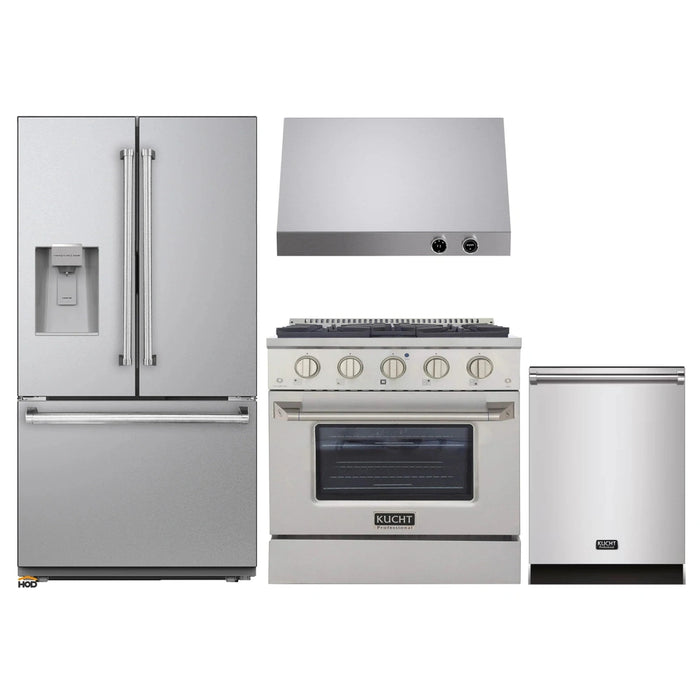 Kucht 4-Piece Appliance Package - 30-Inch Dual Fuel Range in Propane Gas, 36-Inch Refrigerator with Water Dispenser, Dishwasher & Under Cabinet Range Hood in Stainless Steel