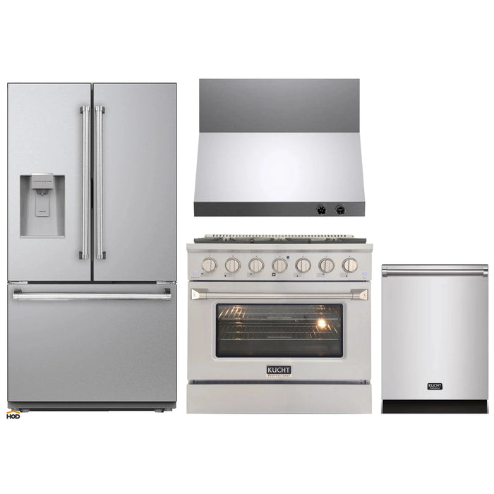 Kucht 4-Piece Appliance Package - 36-Inch Dual Fuel Range in Natural Gas, 36-Inch Refrigerator with Water Dispenser, Dishwasher & Wall Mount Range Hood in Stainless Steel