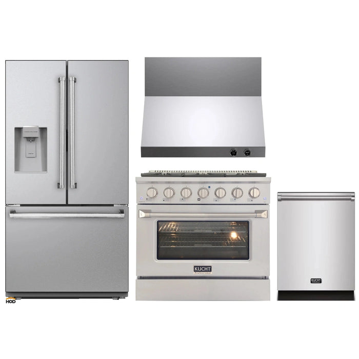 Kucht 4-Piece Appliance Package - 36-Inch Dual Fuel Range in Propane Gas, 36-Inch Refrigerator with Water Dispenser, Dishwasher & Wall Mount Range Hood in Stainless Steel