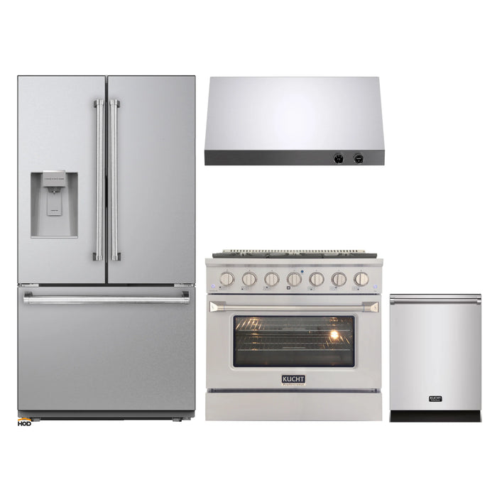 Kucht 4-Piece Appliance Package - 36-Inch Dual Fuel Range in Propane Gas, 36-Inch Refrigerator with Water Dispenser, Dishwasher & Under Cabinet Range Hood in Stainless Steel