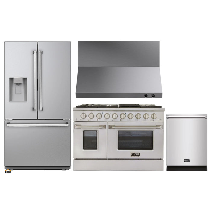 Kucht 4-Piece Appliance Package - 48-Inch Dual Fuel Range in Propane Gas, 36-Inch Refrigerator with Water Dispenser, Dishwasher & Wall Mount Range Hood in Stainless Steel