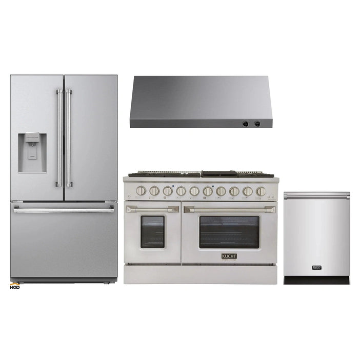 Kucht 4-Piece Appliance Package - 48-Inch Dual Fuel Range in Propane Gas, 36-Inch Refrigerator with Water Dispenser, Dishwasher & Under Cabinet Range Hood in Stainless Steel