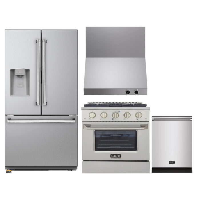 Kucht 4-Piece Appliance Package - 30-Inch Natural Gas Range with 4.2 Cu. Ft. Oven, 36-Inch Refrigerator with Water Dispenser, Dishwasher & Wall Mount Range Hood in Stainless Steel