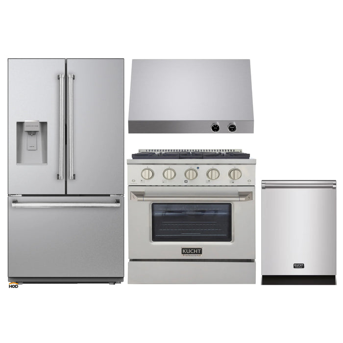 Kucht 4-Piece Appliance Package - 30-Inch Natural Gas Range with 4.2 Cu. Ft. Oven, 36-Inch Refrigerator with Water Dispenser, Dishwasher & Under Cabinet Range Hood in Stainless Steel