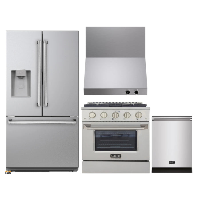 Kucht 4-Piece Appliance Package - 30-Inch Propane Gas Range with 4.2 Cu. Ft. Oven, 36-Inch Refrigerator with Water Dispenser, Dishwasher & Wall Mount Range Hood in Stainless Steel