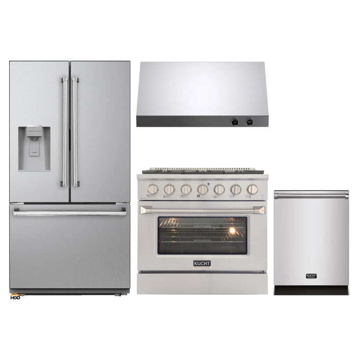 Kucht 4-Piece Appliance Package - 36-Inch Natural Gas Range with 5.2 Cu. Ft. Oven, 36-Inch Refrigerator with Water Dispenser, Dishwasher & Under Cabinet Range Hood in Stainless Steel