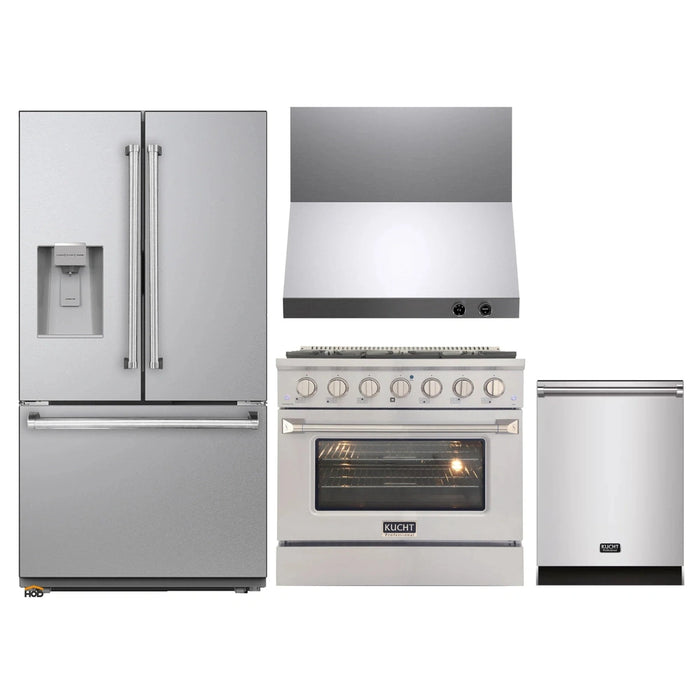 Kucht 4-Piece Appliance Package - 36-Inch Propane Gas Range with 5.2 Cu. Ft. Oven, 36-Inch Refrigerator with Water Dispenser, Dishwasher & Wall Mount Range Hood in Stainless Steel