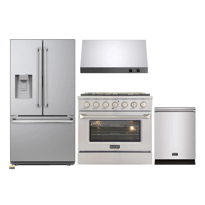 Kucht 4-Piece Appliance Package - 36-Inch Propane Gas Range with 5.2 Cu. Ft. Oven, 36-Inch Refrigerator with Water Dispenser, Dishwasher & Under Cabinet Range Hood in Stainless Steel