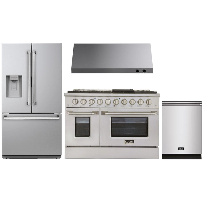 Kucht 4-Piece Appliance Package - 48-Inch Propane Gas Range with 6.7 Cu. Ft. Oven, 36-Inch Refrigerator with Water Dispenser, Dishwasher & Under Cabinet Range Hood in Stainless Steel