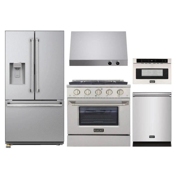 Kucht 5-Piece Appliance Package - 30-Inch Dual Fuel Range in Natural Gas, 36-Inch Refrigerator with Water Dispenser, Dishwasher, Under Cabinet Range & Microwave Drawer in Stainless Steel