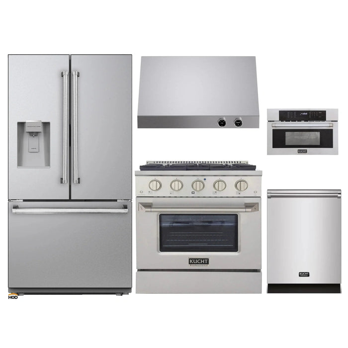 Kucht 5-Piece Appliance Package - 30-Inch Dual Fuel Range in Natural Gas, 36-Inch Refrigerator with Water Dispenser, Dishwasher, Microwave Wall Oven & Under Cabinet Range Hood in Stainless Steel