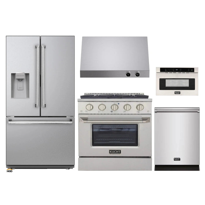 Kucht 5-Piece Appliance Package - 30-Inch Dual Fuel Range in Propane Gas, 36-Inch Refrigerator with Water Dispenser, Dishwasher, Under Cabinet Range & Microwave Drawer in Stainless Steel