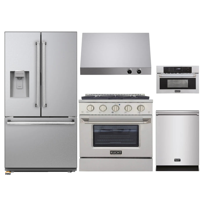 Kucht 5-Piece Appliance Package - 30-Inch Dual Fuel Range in Propane Gas, 36-Inch Refrigerator with Water Dispenser, Dishwasher, Microwave Wall Oven & Under Cabinet Range Hood in Stainless Steel