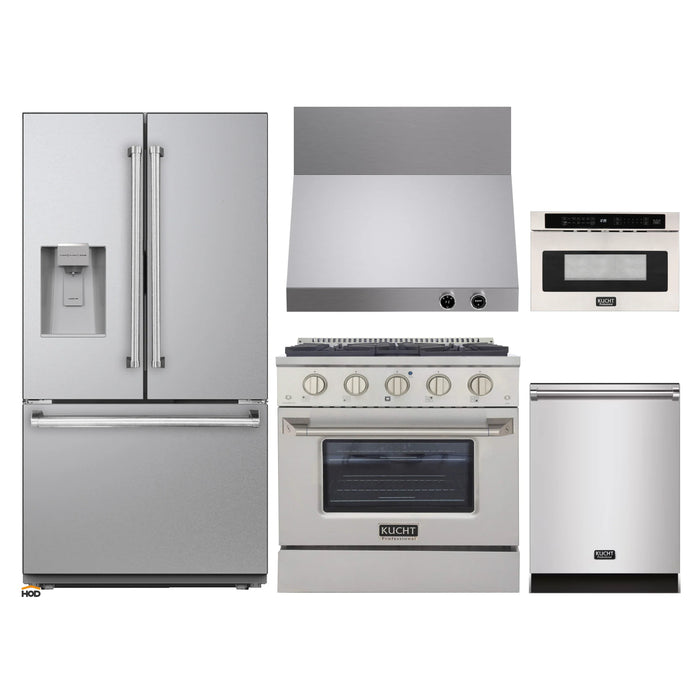 Kucht 5-Piece Appliance Package - 30-Inch Dual Fuel Range in Propane Gas, 36-Inch Refrigerator with Water Dispenser, Dishwasher, Wall Mount Range Hood & Microwave Drawer in Stainless Steel