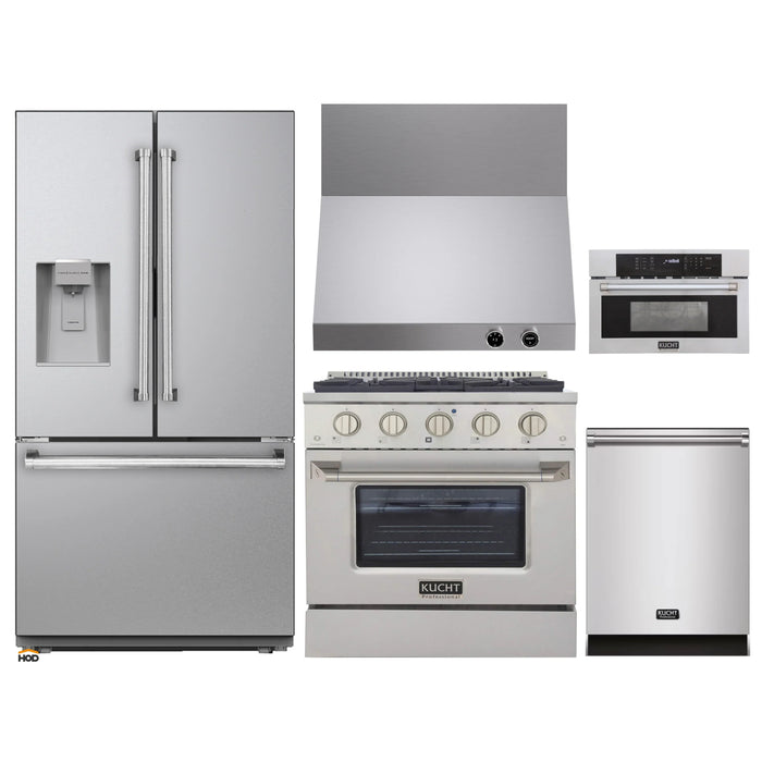 Kucht 5-Piece Appliance Package - 30-Inch Dual Fuel Range in Propane Gas, 36-Inch Refrigerator with Water Dispenser, Dishwasher, Wall Mount Range Hood, & Microwave Wall Oven in Stainless Steel