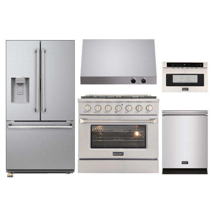 Kucht 5-Piece Appliance Package - 36-Inch Dual Fuel Range in Natural Gas, 36-Inch Refrigerator with Water Dispenser, Dishwasher, Under Cabinet Range & Microwave Drawer in Stainless Steel