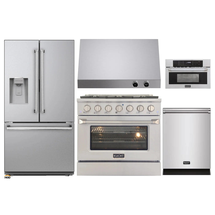 Kucht 5-Piece Appliance Package - 36-Inch Dual Fuel Range in Natural Gas, 36-Inch Refrigerator with Water Dispenser, Dishwasher, Microwave Wall Oven & Under Cabinet Range Hood in Stainless Steel