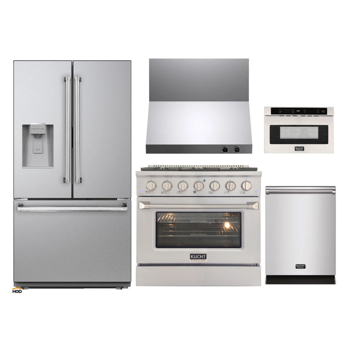 Kucht 5-Piece Appliance Package - 36-Inch Dual Fuel Range in Natural Gas, 36-Inch Refrigerator with Water Dispenser, Dishwasher, Wall Mount Range Hood & Microwave Drawer in Stainless Steel