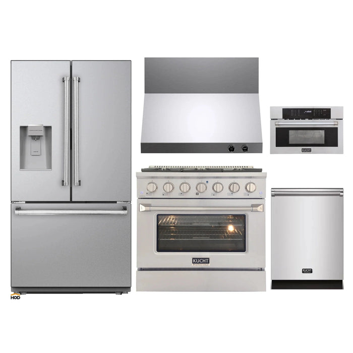 Kucht 5-Piece Appliance Package - 36-Inch Dual Fuel Range in Natural Gas, 36-Inch Refrigerator with Water Dispenser, Dishwasher, Wall Mount Range Hood, & Microwave Wall Oven in Stainless Steel