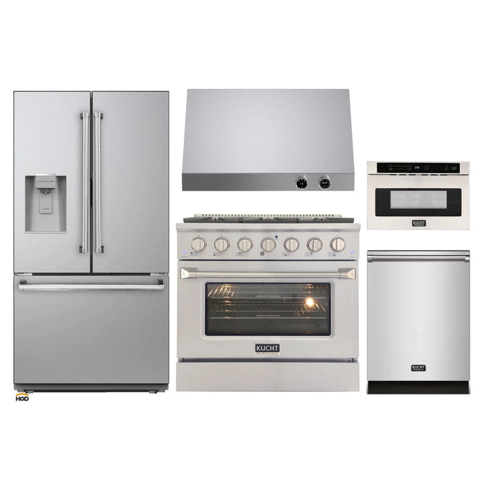 Kucht 5-Piece Appliance Package - 36-Inch Dual Fuel Range in Propane Gas, 36-Inch Refrigerator with Water Dispenser, Dishwasher, Under Cabinet Range & Microwave Drawer in Stainless Steel