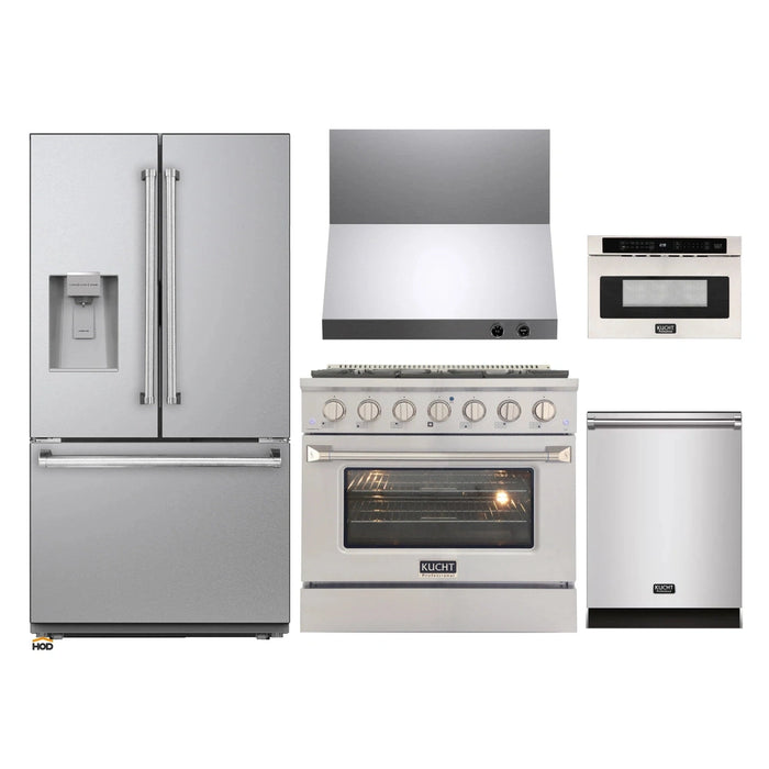 Kucht 5-Piece Appliance Package - 36-Inch Dual Fuel Range in Propane Gas, 36-Inch Refrigerator with Water Dispenser, Dishwasher, Wall Mount Range Hood & Microwave Drawer in Stainless Steel