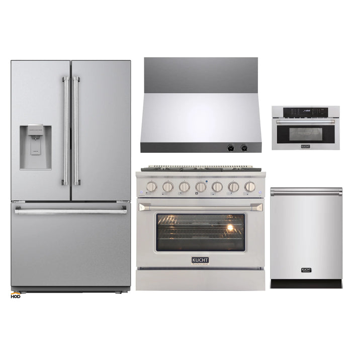 Kucht 5-Piece Appliance Package - 36-Inch Dual Fuel Range in Propane Gas, 36-Inch Refrigerator with Water Dispenser, Dishwasher, Wall Mount Range Hood, & Microwave Wall Oven in Stainless Steel