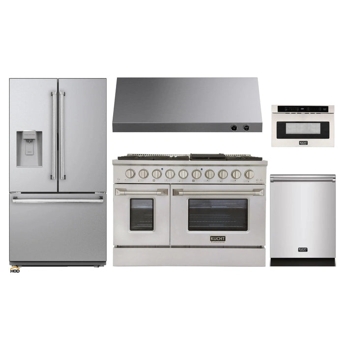 Kucht 5-Piece Appliance Package - 48-Inch Dual Fuel Range in Natural Gas, 36-Inch Refrigerator with Water Dispenser, Dishwasher, Under Cabinet Range & Microwave Drawer in Stainless Steel