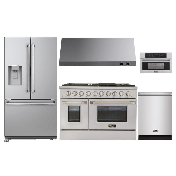 Kucht 5-Piece Appliance Package - 48-Inch Dual Fuel Range in Natural Gas, 36-Inch Refrigerator with Water Dispenser, Dishwasher, Microwave Wall Oven & Under Cabinet Range Hood in Stainless Steel