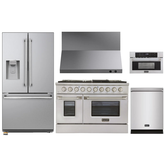 Kucht 5-Piece Appliance Package - 48-Inch Dual Fuel Range in Natural Gas, 36-Inch Refrigerator with Water Dispenser, Dishwasher, Wall Mount Range Hood, & Microwave Wall Oven in Stainless Steel