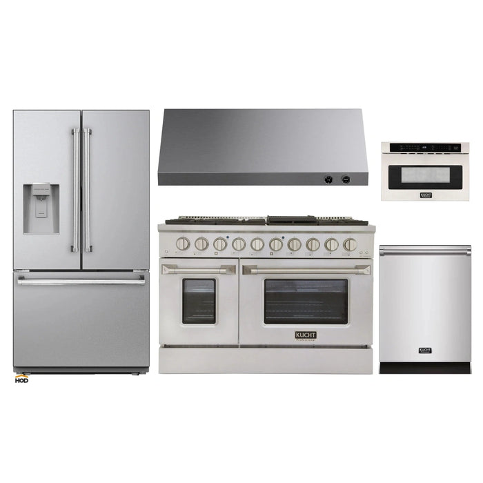 Kucht 5-Piece Appliance Package - 48-Inch Dual Fuel Range in Propane Gas, 36-Inch Refrigerator with Water Dispenser, Dishwasher, Under Cabinet Range & Microwave Drawer in Stainless Steel
