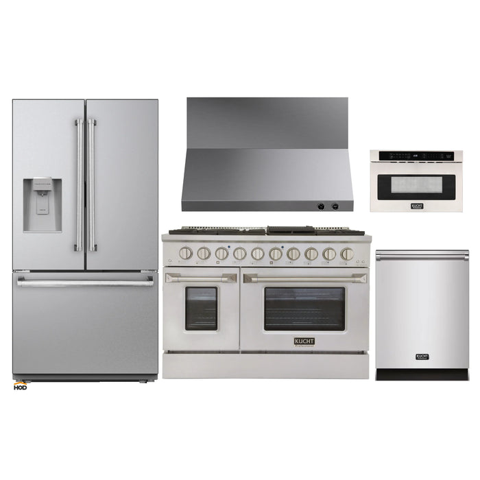 Kucht 5-Piece Appliance Package - 48-Inch Dual Fuel Range in Propane Gas, 36-Inch Refrigerator with Water Dispenser, Dishwasher, Wall Mount Range Hood & Microwave Drawer in Stainless Steel