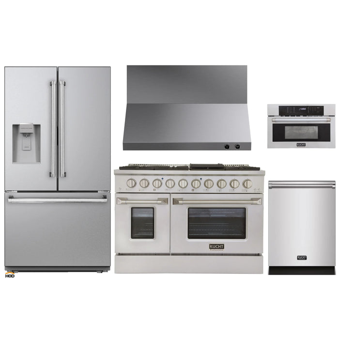 Kucht 5-Piece Appliance Package - 48-Inch Dual Fuel Range in Propane Gas, 36-Inch Refrigerator with Water Dispenser, Dishwasher, Wall Mount Range Hood, & Microwave Wall Oven in Stainless Steel