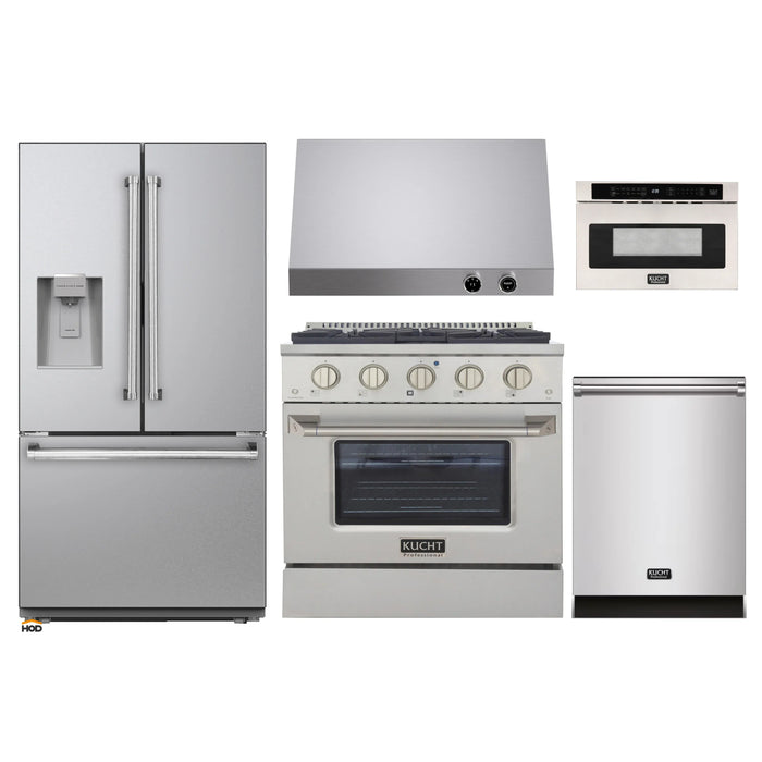 Kucht 5-Piece Appliance Package - 30-Inch Natural Gas Range with 4.2 Cu. Ft. Oven, 36-Inch Refrigerator with Water Dispenser, Dishwasher, Under Cabinet Range & Microwave Drawer in Stainless Steel