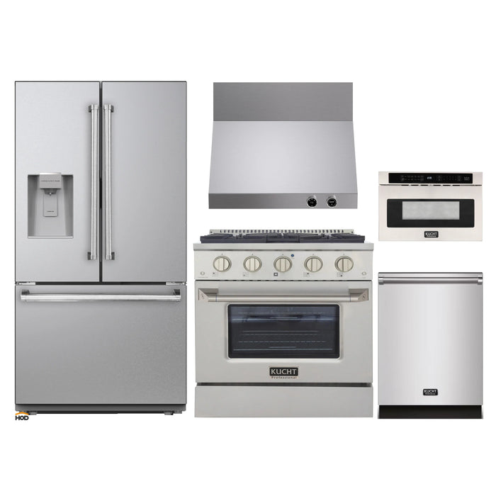 Kucht 5-Piece Appliance Package - 30-Inch Natural Gas Range with 4.2 Cu. Ft. Oven, 36-Inch Refrigerator with Water Dispenser, Dishwasher, Wall Mount Range Hood & Microwave Drawer in Stainless Steel