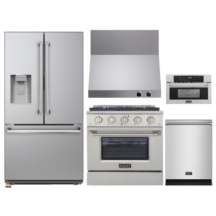 Kucht 5-Piece Appliance Package - 30-Inch Natural Gas Range with 4.2 Cu. Ft. Oven, 36-Inch Refrigerator with Water Dispenser, Dishwasher, Wall Mount Range Hood, & Microwave Wall Oven in Stainless Steel