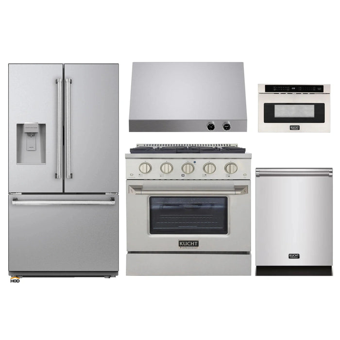 Kucht 5-Piece Appliance Package - 30-Inch Propane Gas Range with 4.2 Cu. Ft. Oven, 36-Inch Refrigerator with Water Dispenser, Dishwasher, Under Cabinet Range & Microwave Drawer in Stainless Steel