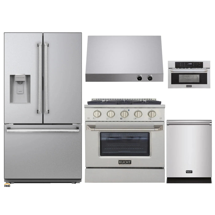 Kucht 5-Piece Appliance Package - 30-Inch Propane Gas Range with 4.2 Cu. Ft. Oven, 36-Inch Refrigerator with Water Dispenser, Dishwasher, Microwave Wall Oven & Under Cabinet Range Hood in Stainless Steel