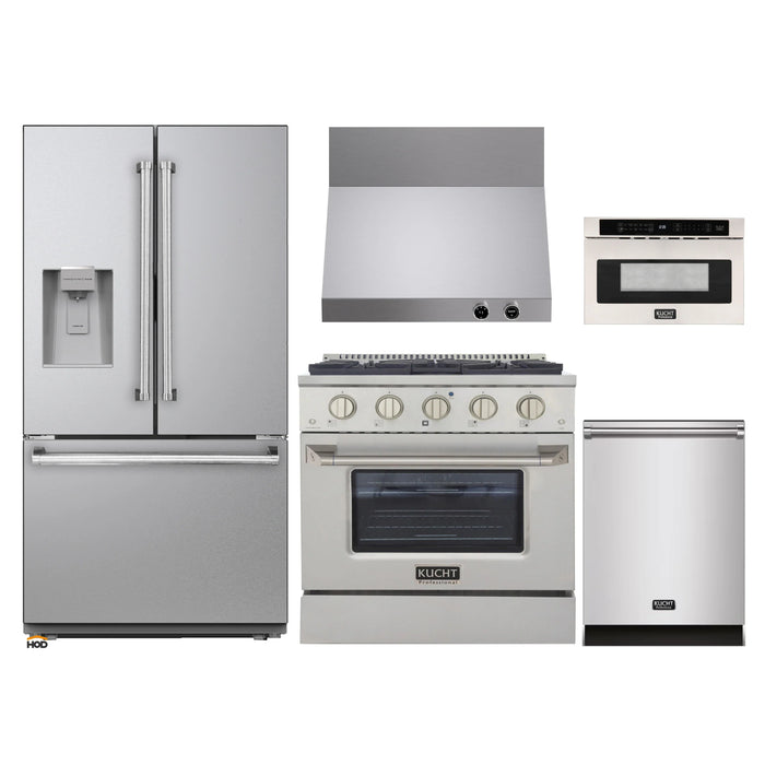 Kucht 5-Piece Appliance Package - 30-Inch Propane Gas Range with 4.2 Cu. Ft. Oven, 36-Inch Refrigerator with Water Dispenser, Dishwasher, Wall Mount Range Hood & Microwave Drawer in Stainless Steel