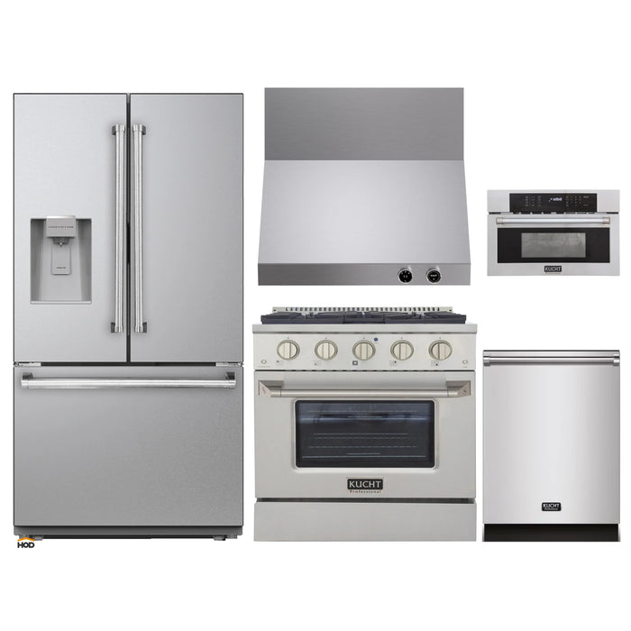 Kucht 5-Piece Appliance Package - 30-Inch Propane Gas Range with 4.2 Cu. Ft. Oven, 36-Inch Refrigerator with Water Dispenser, Dishwasher, Wall Mount Range Hood, & Microwave Wall Oven in Stainless Steel