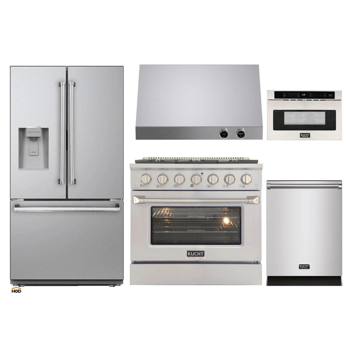 Kucht 5-Piece Appliance Package - 36-Inch Natural Gas Range with 5.2 Cu. Ft. Oven, 36-Inch Refrigerator with Water Dispenser, Dishwasher, Under Cabinet Range & Microwave Drawer in Stainless Steel