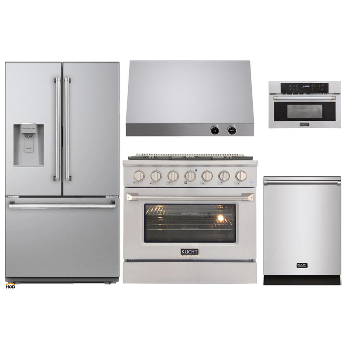 Kucht 5-Piece Appliance Package - 36-Inch Natural Gas Range with 5.2 Cu. Ft. Oven, 36-Inch Refrigerator with Water Dispenser, Dishwasher, Microwave Wall Oven & Under Cabinet Range Hood in Stainless Steel