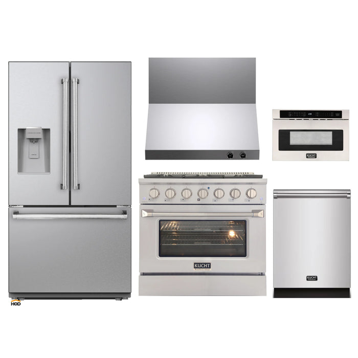 Kucht 5-Piece Appliance Package - 36-Inch Natural Gas Range with 5.2 Cu. Ft. Oven, 36-Inch Refrigerator with Water Dispenser, Dishwasher, Wall Mount Range Hood & Microwave Drawer in Stainless Steel